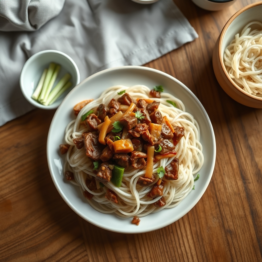 Bœuf sauté aux oignons et nouilles soyeuses