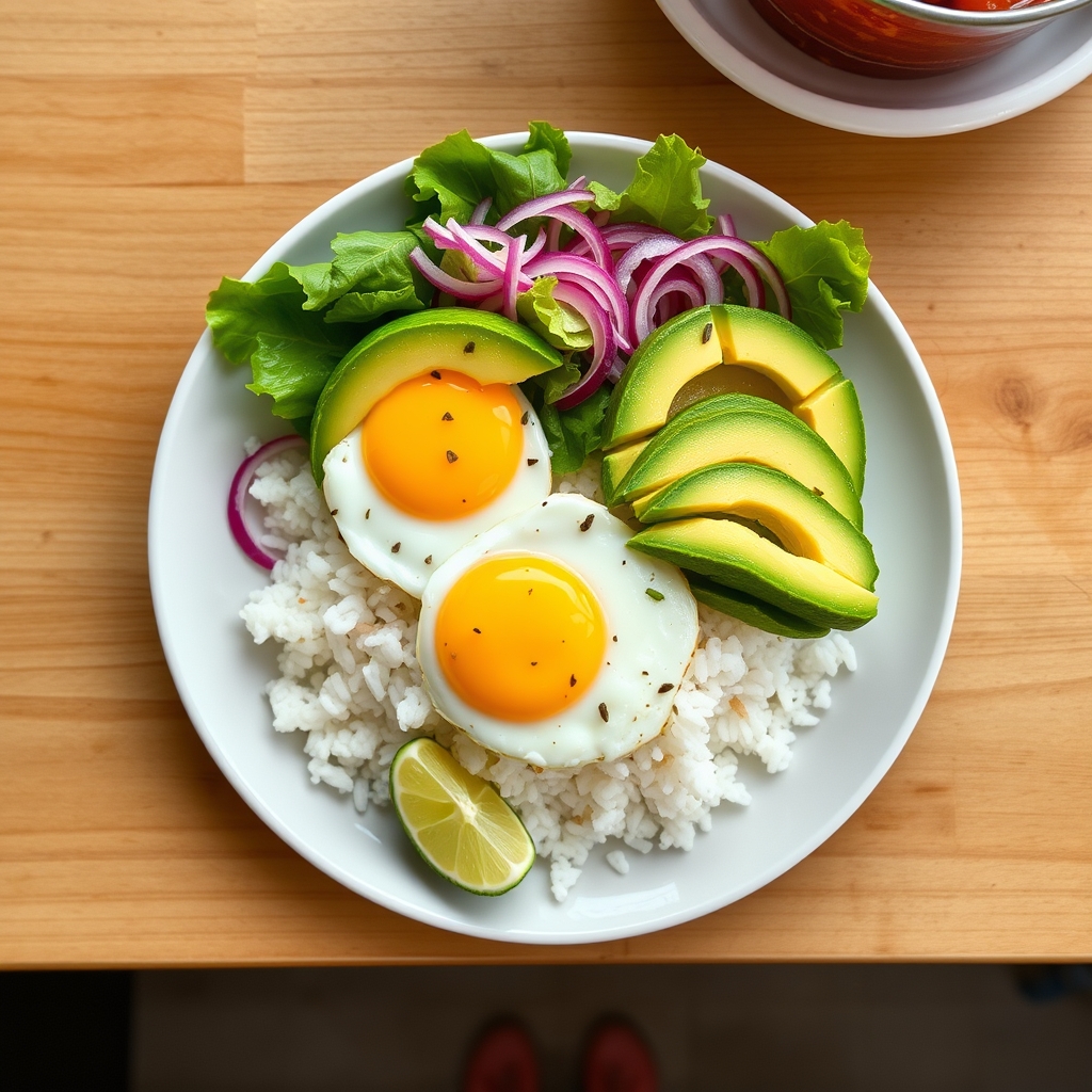 Bocados de huevo au riz blanc et avocat