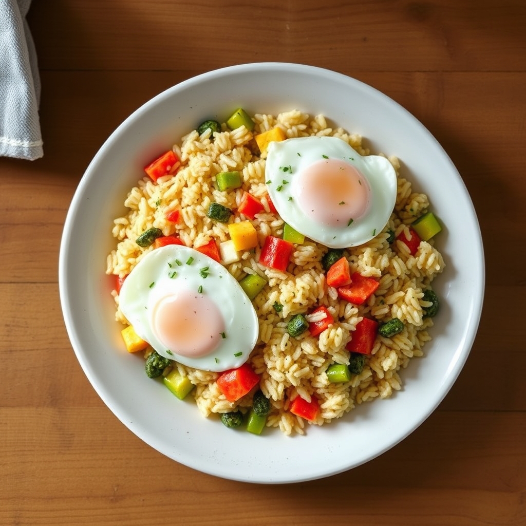 Bol de riz et de légumes avec œufs et fromage