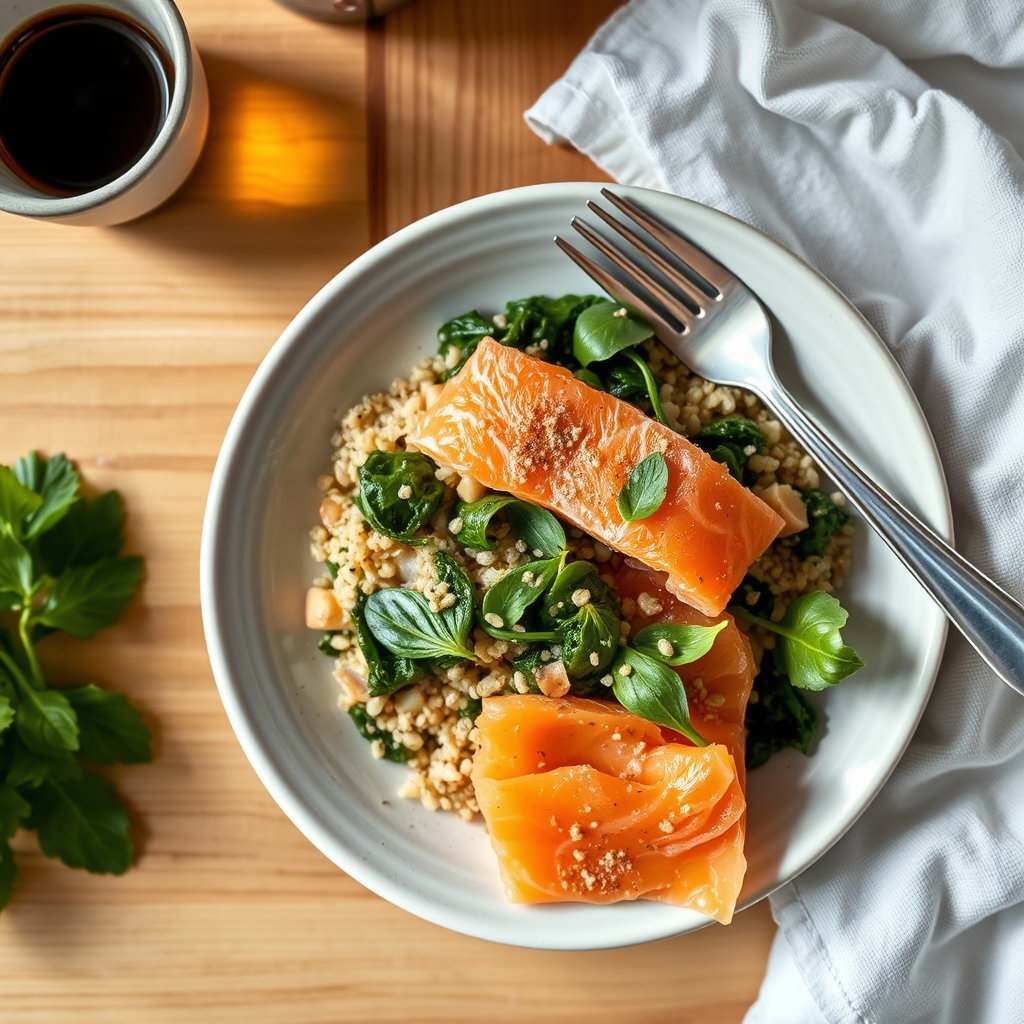 Bol du matin au quinoa, épinards et saumon fumé