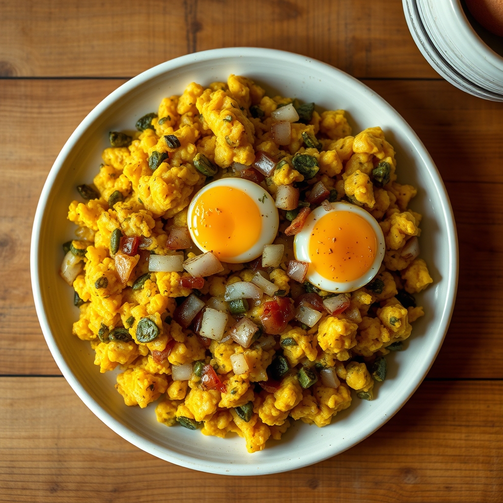 Mangú aux œufs et oignons