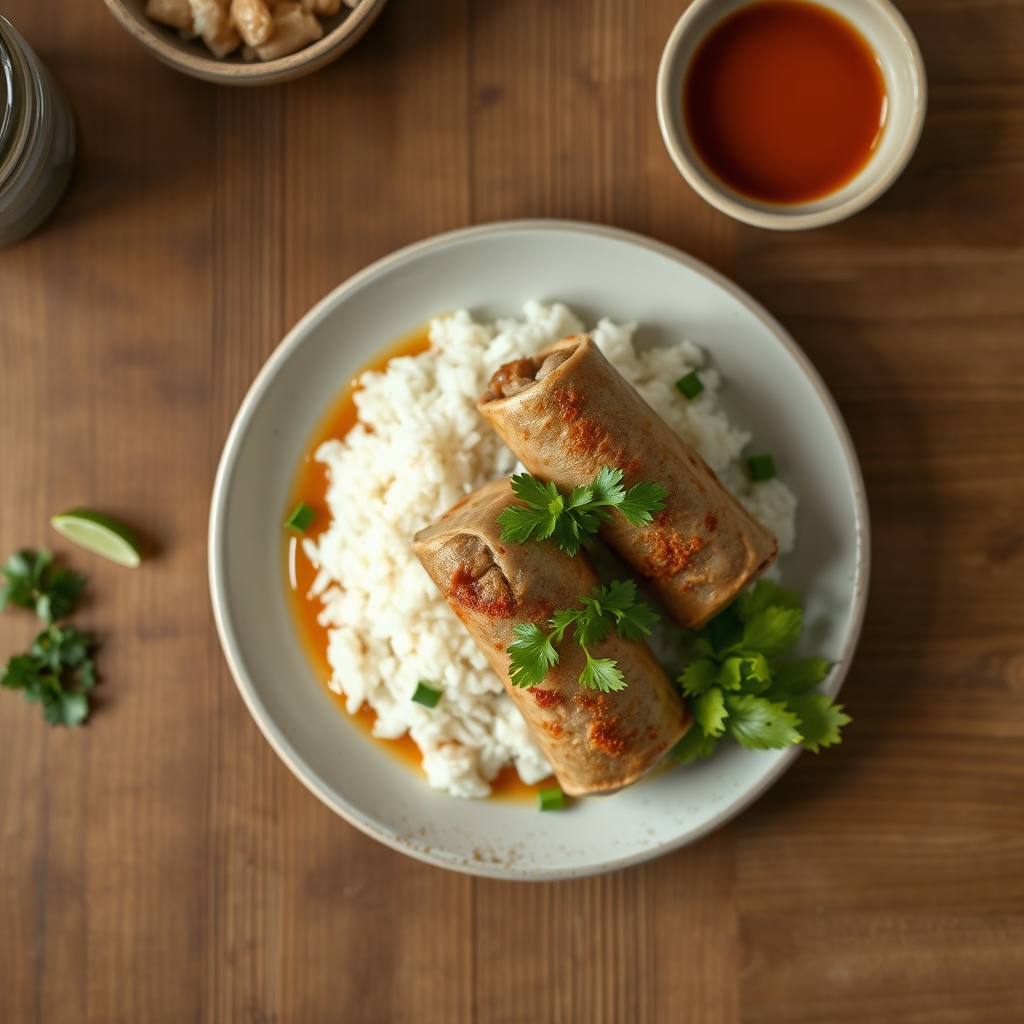 Nem croustillant au porc et aux champignons avec riz gluant
