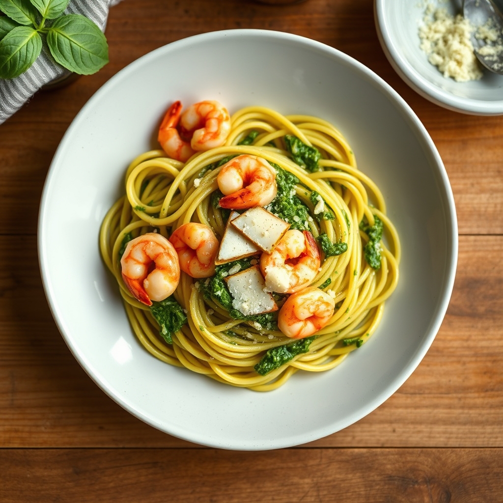 Pâtes au pesto et aux crevettes