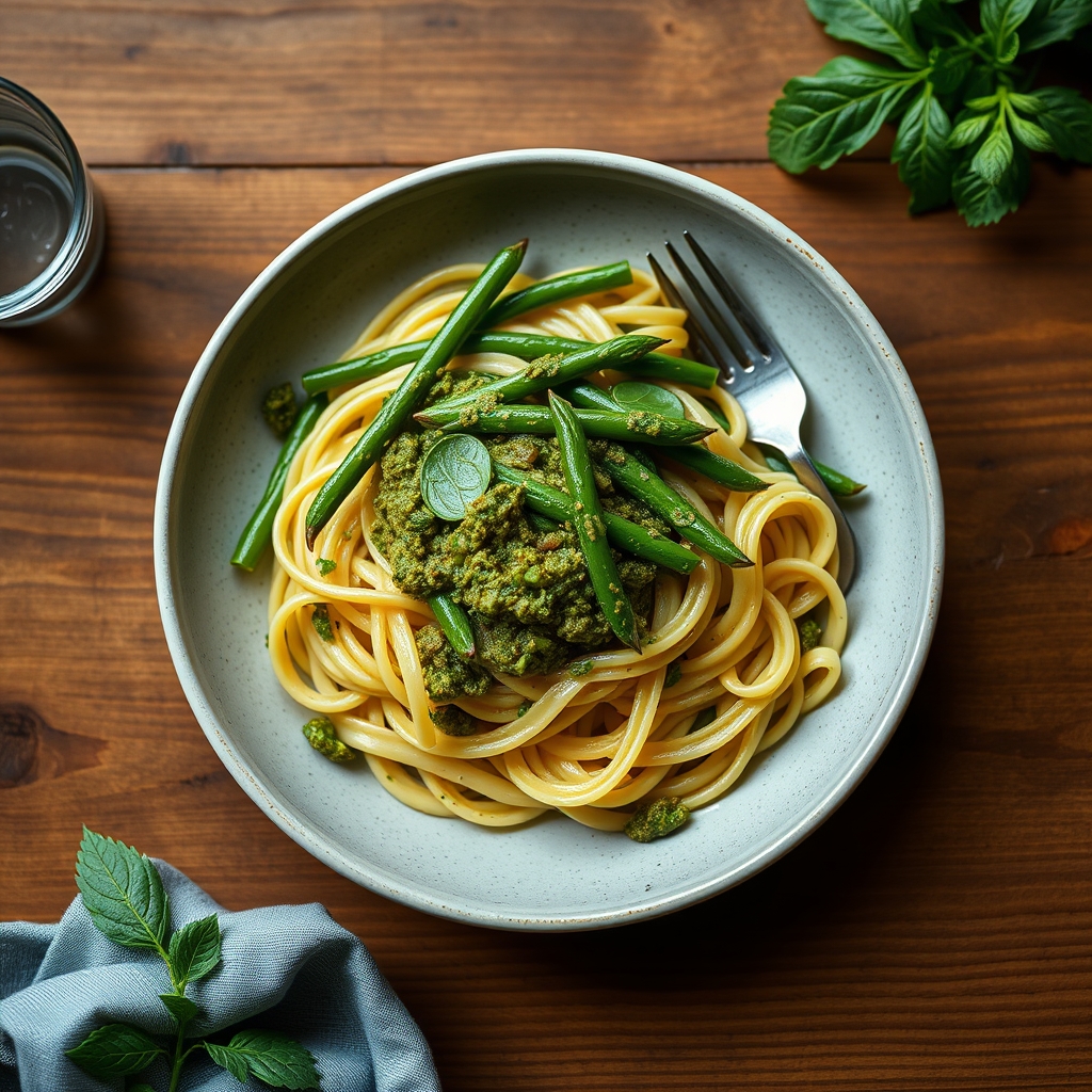 Pâtes au pesto et haricots verts