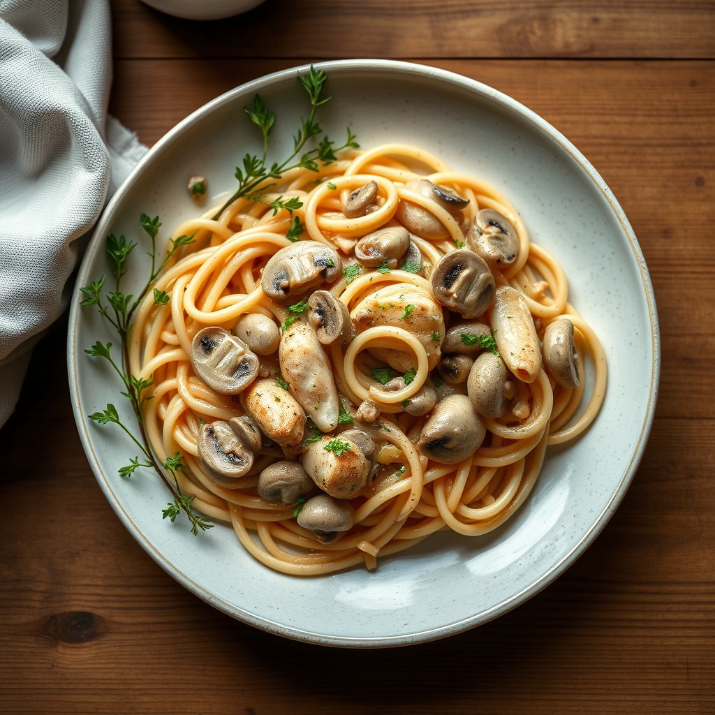 Pâtes au poulet et aux champignons crémeux
