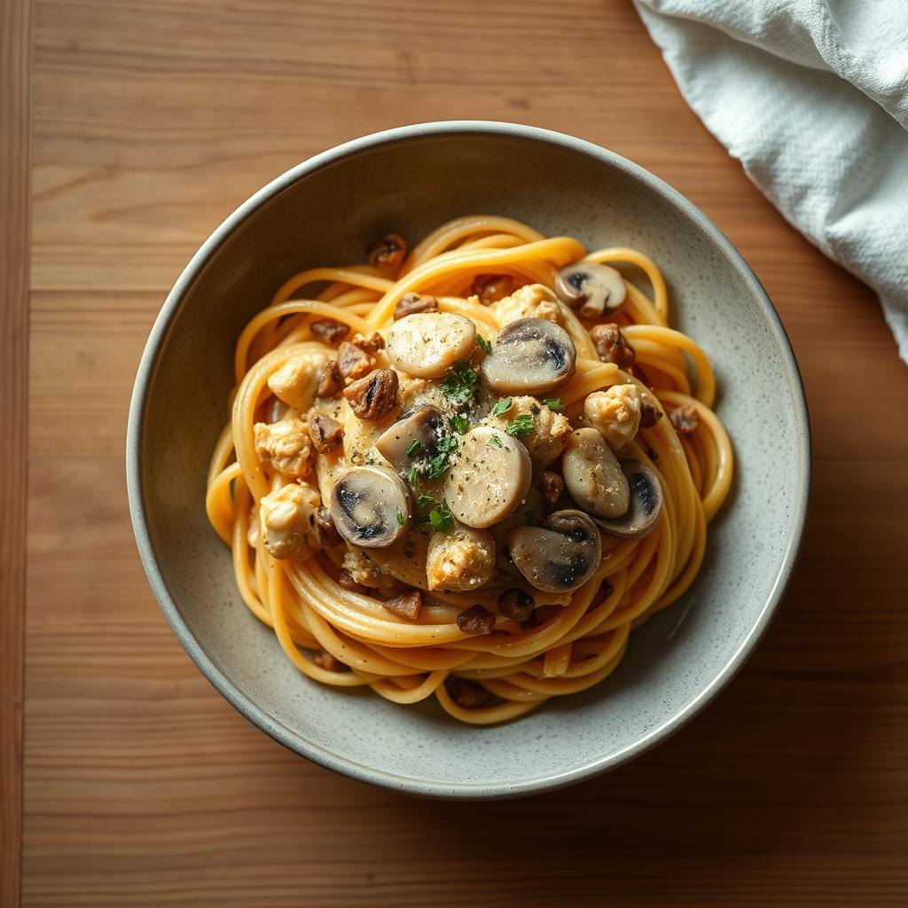 Pâtes au poulet et aux champignons crémeux