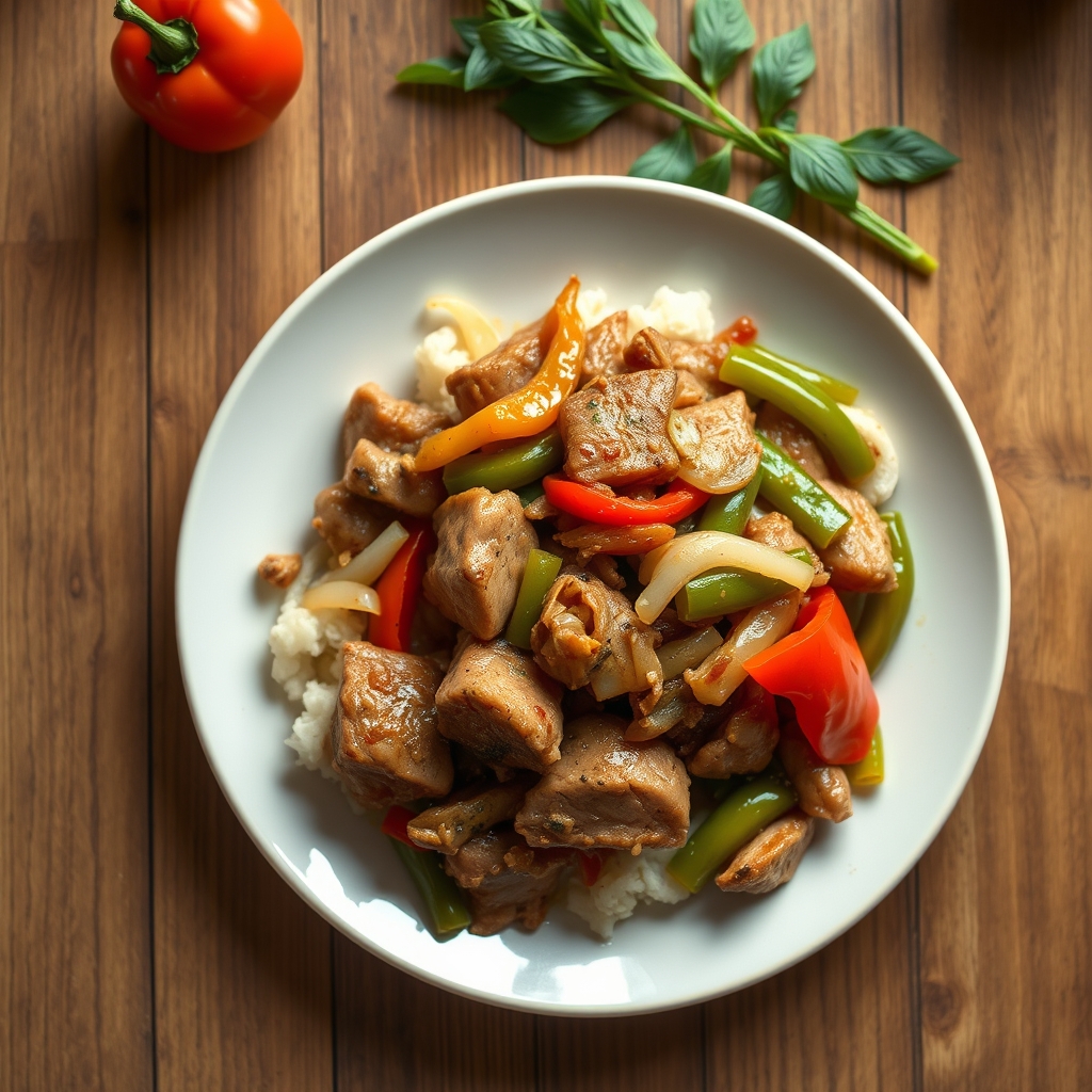 Porc aux oignons et poivrons