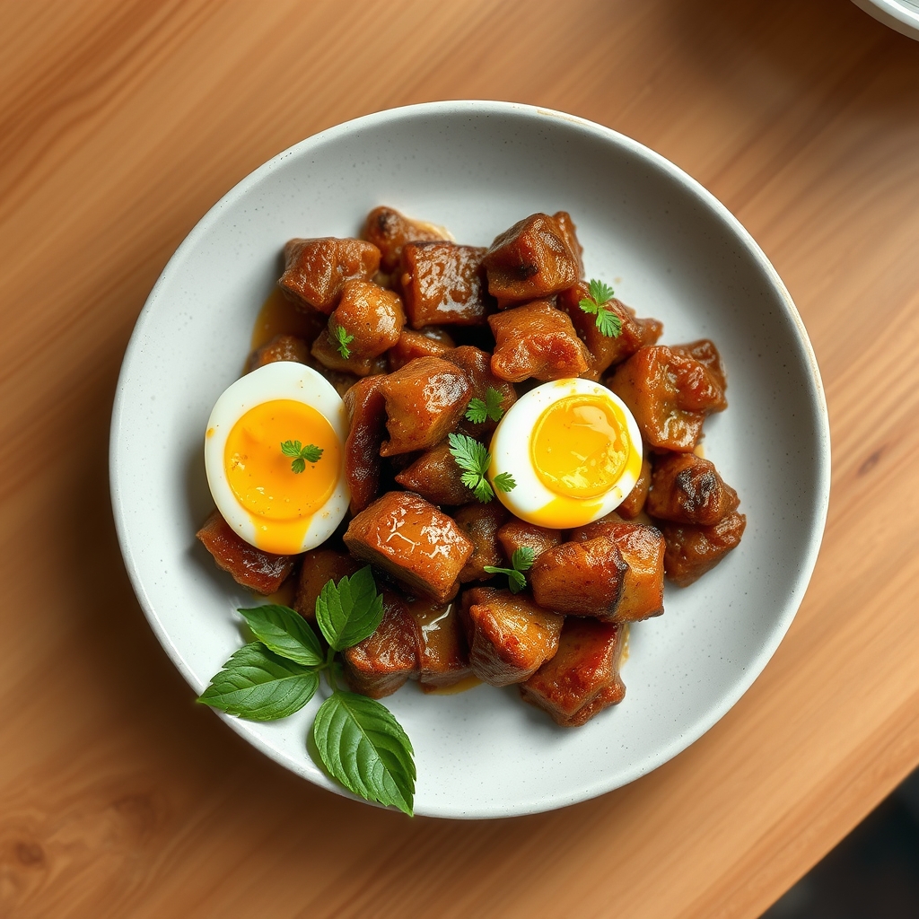 Porc caramélisé aux œufs de caille