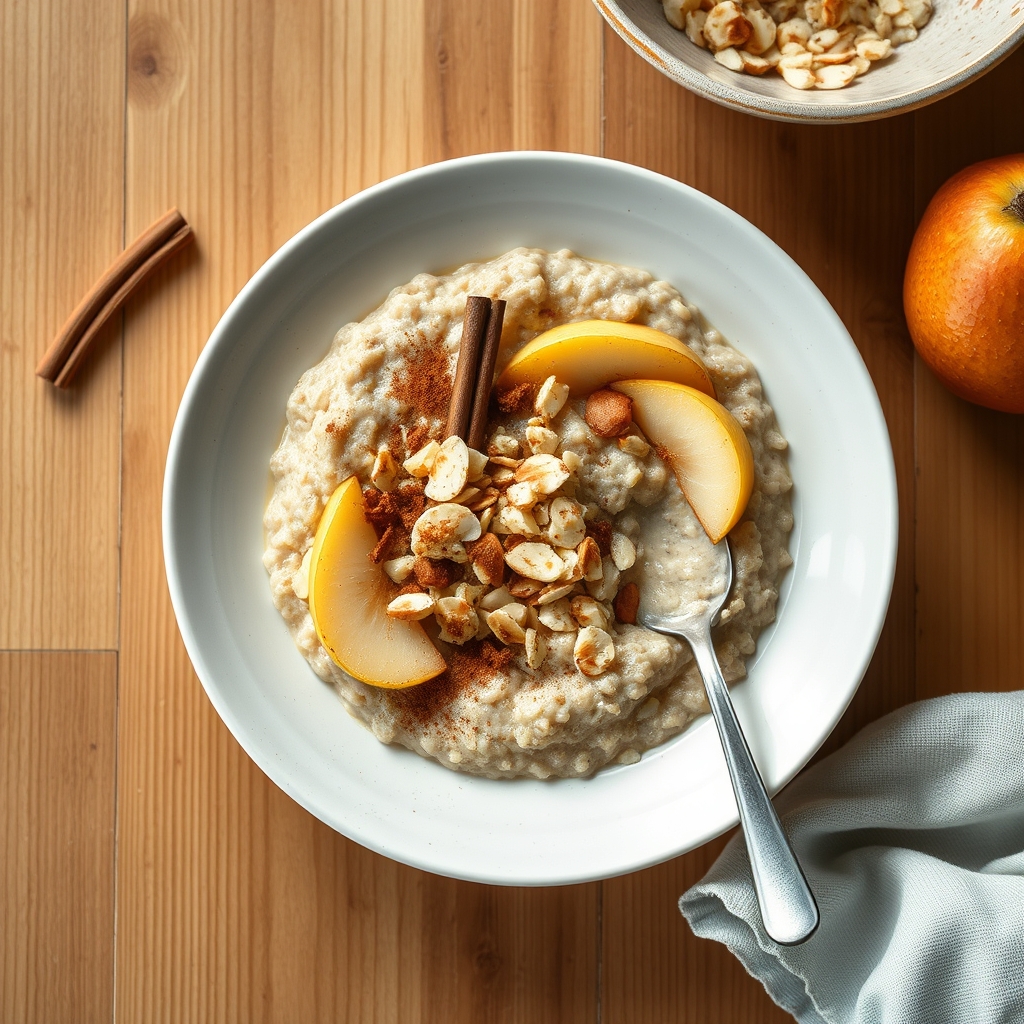 Porridge de gruau à la cannelle, fruits de saison et amandes