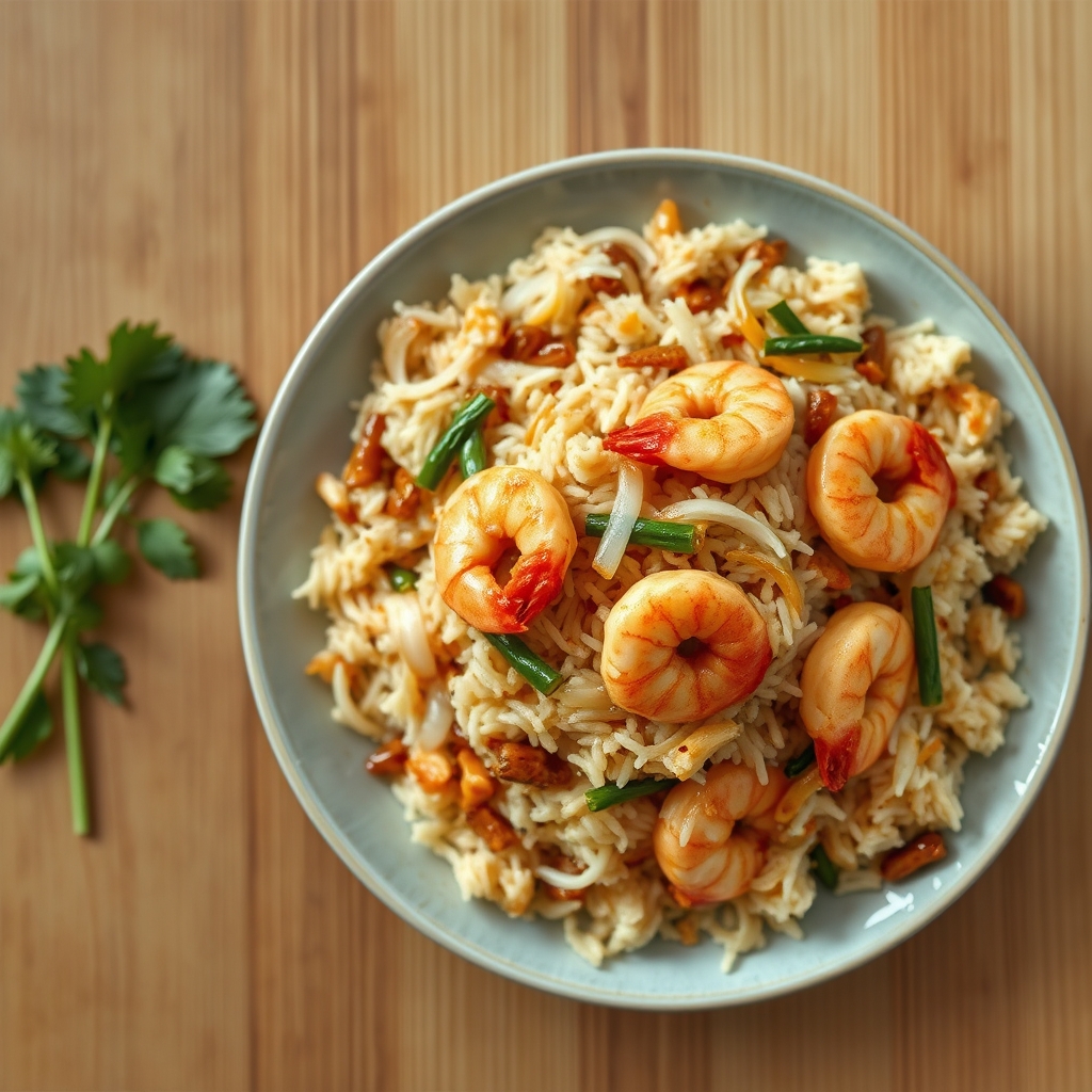 Riz gluant aux crevettes sautées et oignons