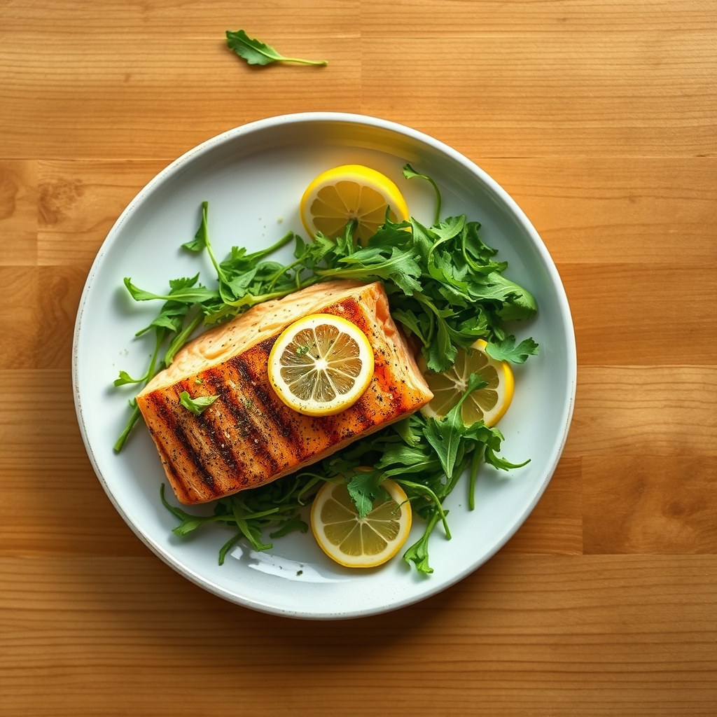 Saumon grillé avec salade de roquette et citron