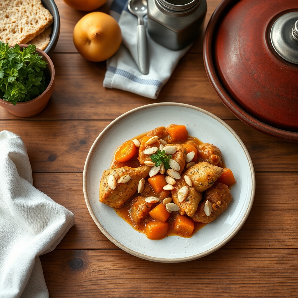Tajine de poulet aux abricots et aux amandes