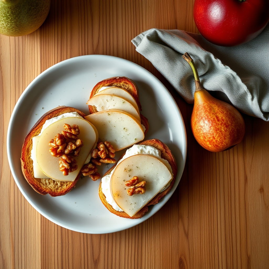 Tartines ricotta, poire et noix