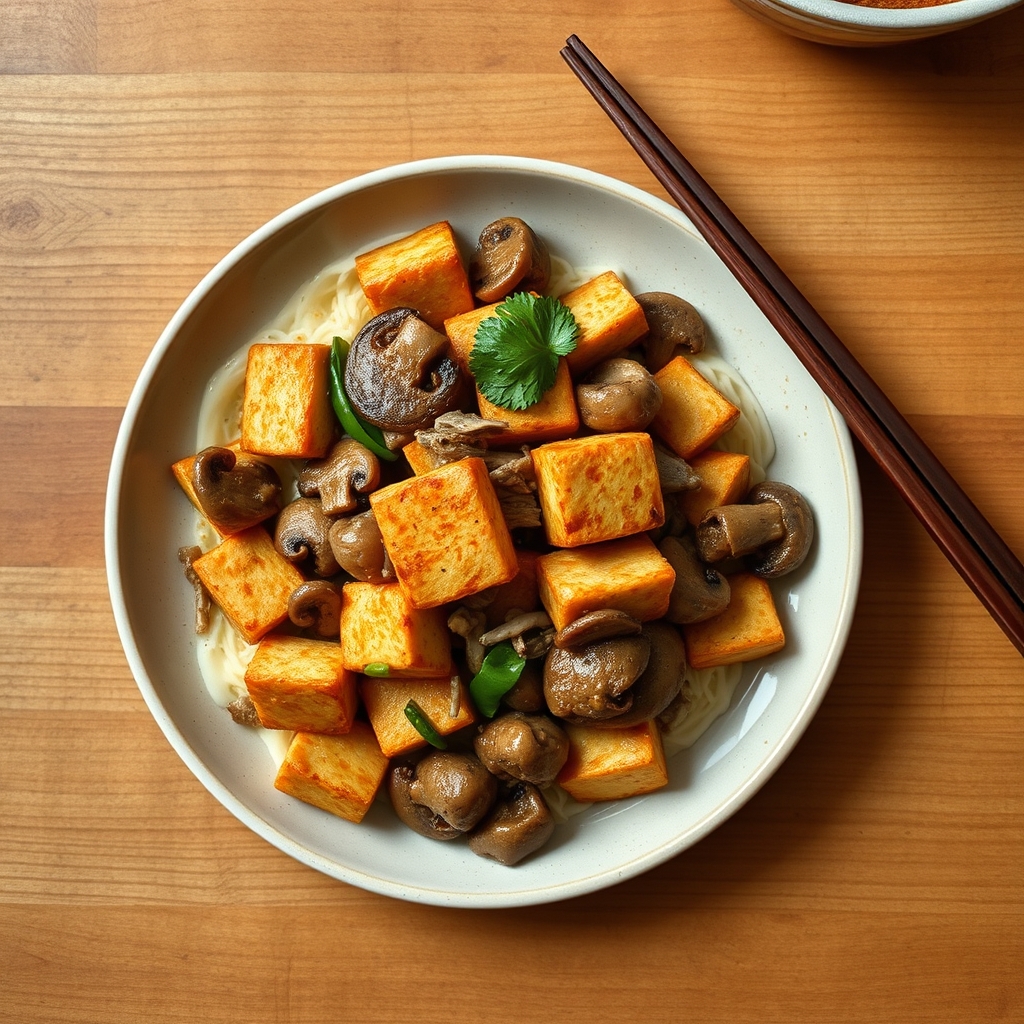 Tofu croustillant au porc et aux champignons